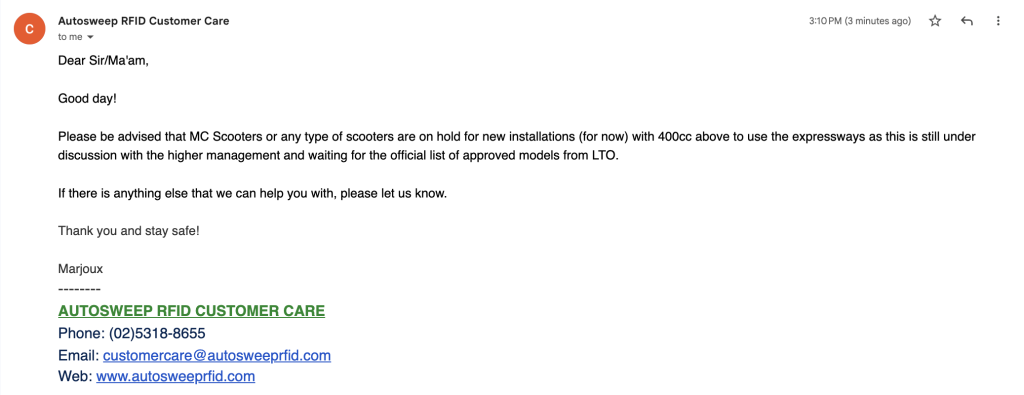Autosweep RFID Installation on 400cc Motorcycles on Hold 3 Autosweep Email Reply