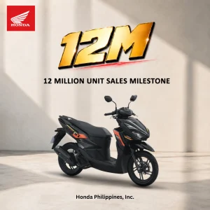 Honda Philippines 12 million unit sales milestone graphic featuring the Honda Click125 scooter